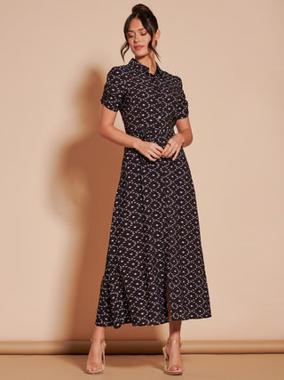 Sadie Print Cotton Blend Shirt Maxi Dress, Black Star