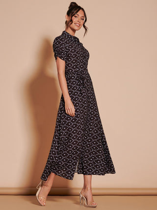 Sadie Print Cotton Blend Shirt Maxi Dress, Black Star