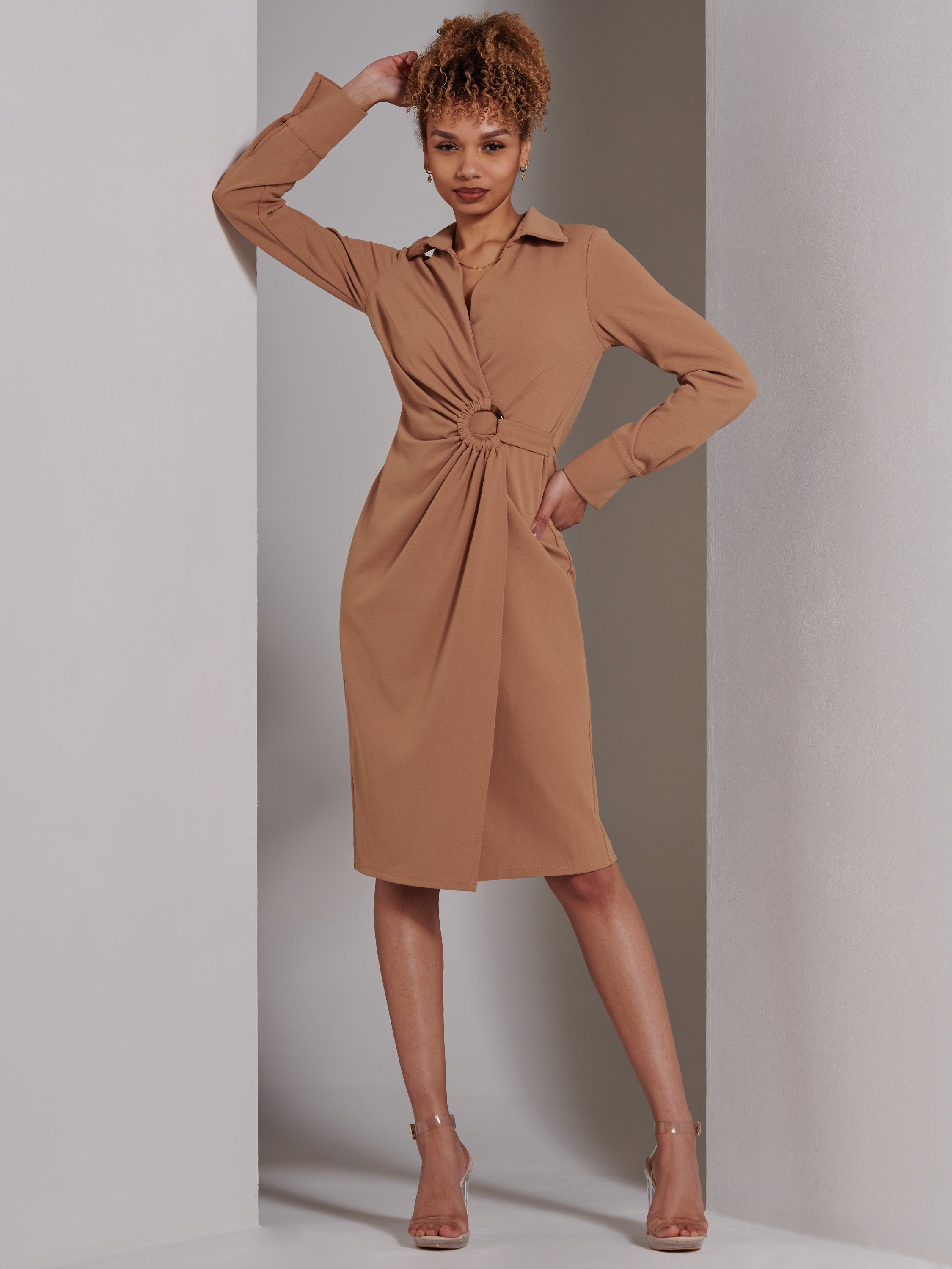 Reveka Wrap Ruched Shirt Dress, Camel – Jolie Moi Retail