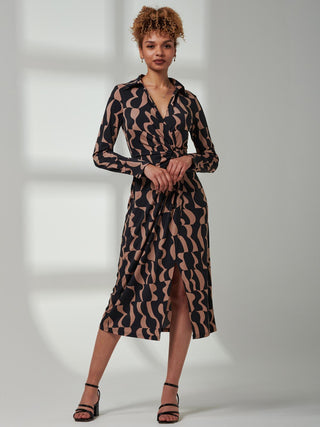 Becca Long Sleeve Jersey Shirt Dress, Brown Pattern