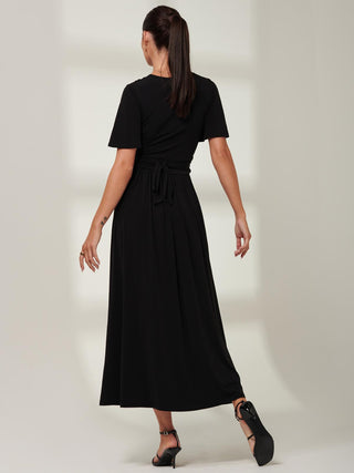 Eldoris Angel Sleeve Jersey Maxi Dress, Plain Black, Back Side