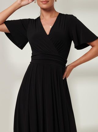 Eldoris Angel Sleeve Jersey Maxi Dress, Plain Black, Self Tie Detail 