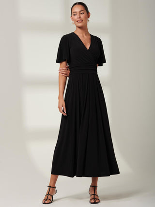 Eldoris Angel Sleeve Jersey Maxi Dress, Plain Black, Self Tie Waist Detail Image
