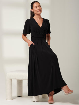 Eldoris Angel Sleeve Jersey Maxi Dress, Plain Black, Close up 