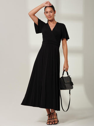 Eldoris Jersey Maxi Dress, Short Angel Sleeves, Plain Black, Front Side
