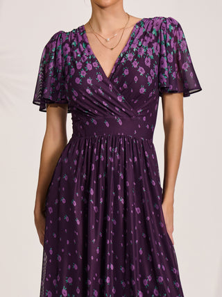 Mesh Short Sleeve Midaxi Dress, Purple Floral