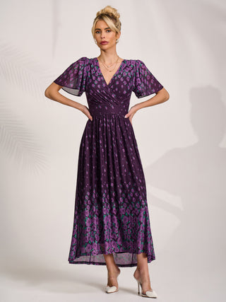 Mesh Short Sleeve Midaxi Dress, Purple Floral