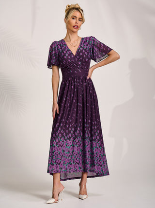 Mesh Short Sleeve Midaxi Dress, Purple Floral