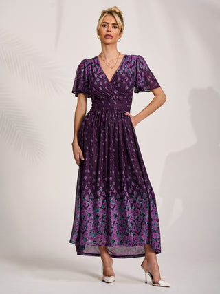 Mesh Short Sleeve Midaxi Dress, Purple Floral