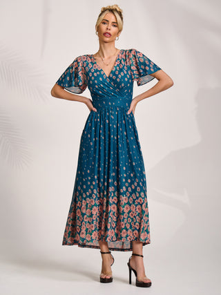 Mesh Short Sleeve Midaxi Dress, Teal Floral