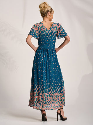 Mesh Short Sleeve Midaxi Dress, Teal Floral