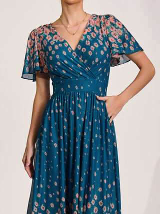 Mesh Short Sleeve Midaxi Dress, Teal Floral