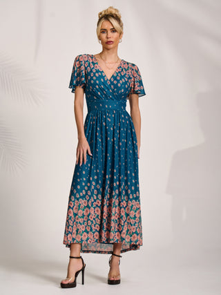 Mesh Short Sleeve Midaxi Dress, Teal Floral