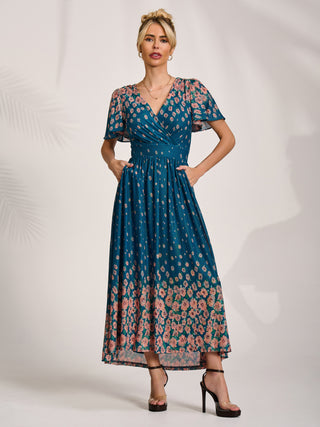 Mesh Short Sleeve Midaxi Dress, Teal Floral