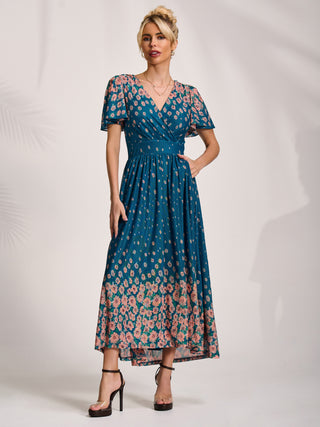 Mesh Short Sleeve Midaxi Dress, Teal Floral