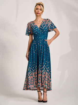 Mesh Short Sleeve Midaxi Dress, Teal Floral