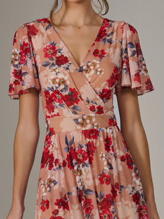 Floral Mesh Wrap Maxi Dress, Red Floral