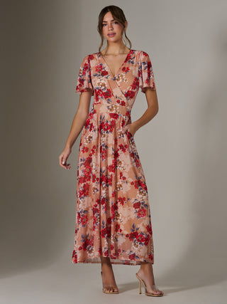 Floral Mesh Wrap Maxi Dress, Red Floral