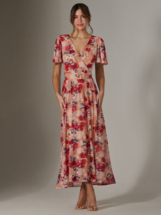 Floral Mesh Wrap Maxi Dress, Red Floral