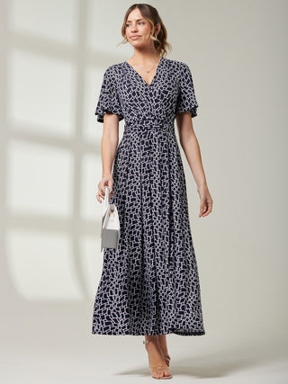 Angel Sleeve Jersey Maxi Dress, Navy Geo