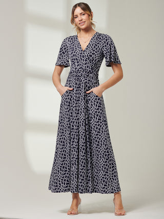 Angel Sleeve Jersey Maxi Dress, Navy Geo