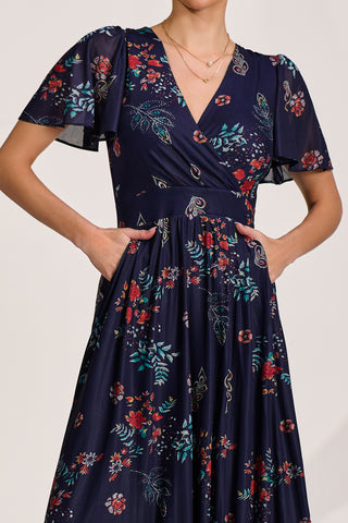 Mesh Angel Sleeve Midaxi Dress, Navy Orange Multi