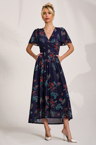 Mesh Angel Sleeve Midaxi Dress, Navy Orange Multi