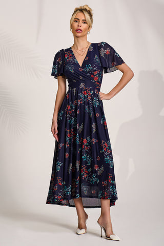 Mesh Angel Sleeve Midaxi Dress, Navy Orange Multi