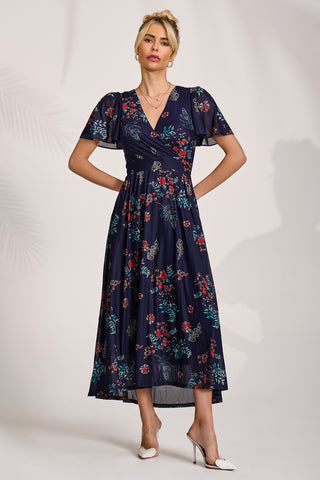 Mesh Angel Sleeve Midaxi Dress, Navy Orange Multi