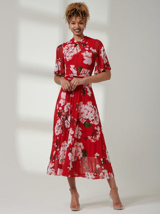 Danika Keyhole Neck Mesh Dress, Red Floral