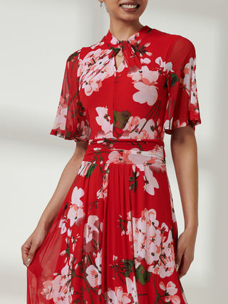 Danika Keyhole Neck Mesh Dress, Red Floral