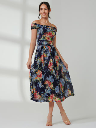 off shoulder midi dress uk AX Paris Off The Shoulder Draped Top Midi Dress - Brown