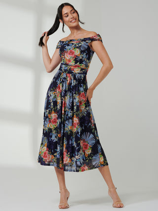 Rezka Off Shoulder Mesh Midi Dress, Navy Floral