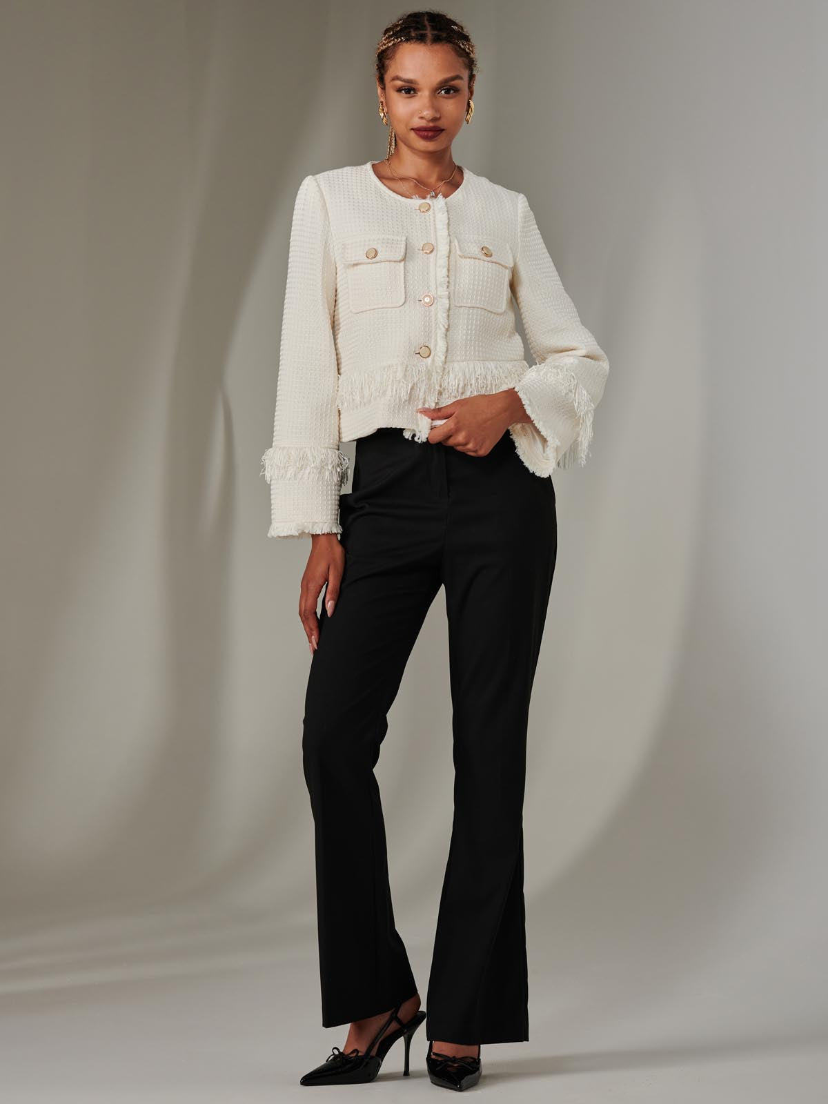 ルミニョン Papillon tweed fringe jacket Tweed Fringe Hem Jacket, Cream – Jolie Moi Retail