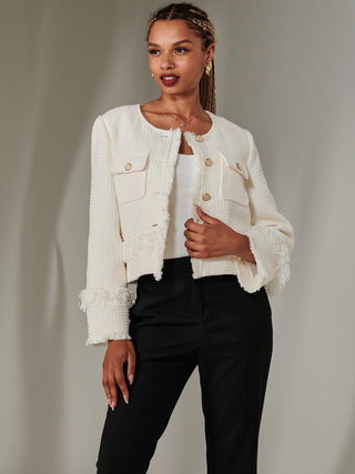 Tweed Fringe Hem Jacket, Cream