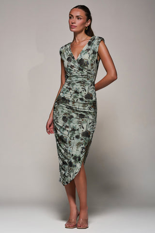 Abstract Ruched Asymmetric Bodycon Dress, Grey Abstract