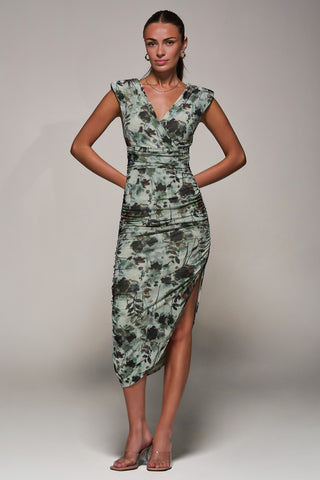 Abstract Ruched Asymmetric Bodycon Dress, Grey Abstract