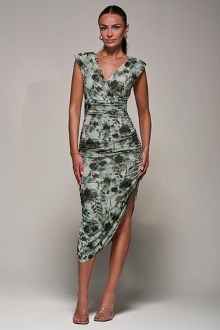Abstract Ruched Asymmetric Bodycon Dress, Grey Abstract