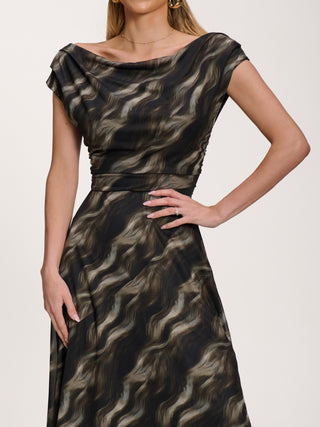 Asymmetric Mesh Maxi Dress, Khaki Abstract