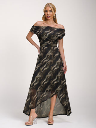 Asymmetric Mesh Maxi Dress, Khaki Abstract
