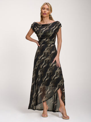 Asymmetric Mesh Maxi Dress, Khaki Abstract