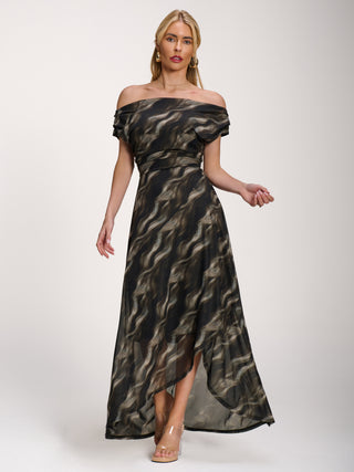 Asymmetric Mesh Maxi Dress, Khaki Abstract