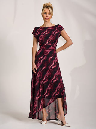 Asymmetric Mesh Maxi Dress, Pink Abstract