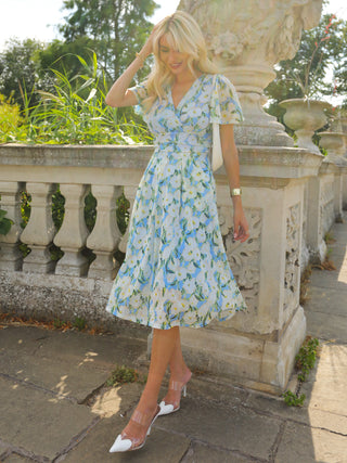 Kairi Floral Print Mesh Midi Dress, Blue Floral