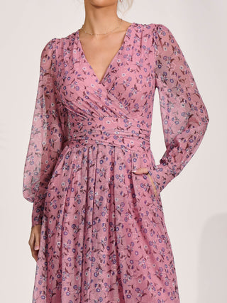 Lace Long Sleeve Midi Dress, Pink Floral