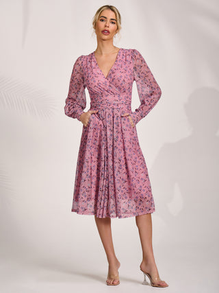Lace Long Sleeve Midi Dress, Pink Floral