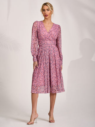 Lace Long Sleeve Midi Dress, Pink Floral