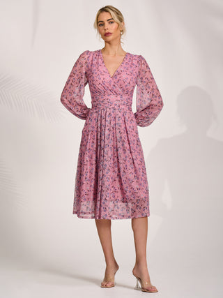 Lace Long Sleeve Midi Dress, Pink Floral