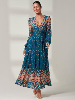 Blossom Long Sleeve Mesh Maxi Dress, Teal Multi