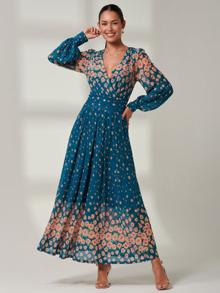 Blossom Long Sleeve Mesh Maxi Dress, Teal Multi